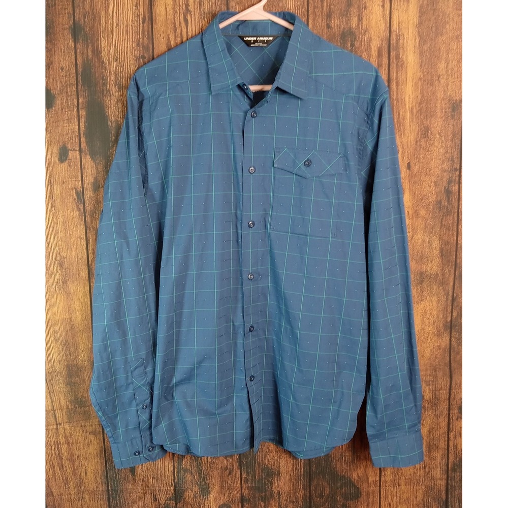 Under Armour Mens HeatGear Long Sleeve Button Down Shirt Blue Green Grid LG